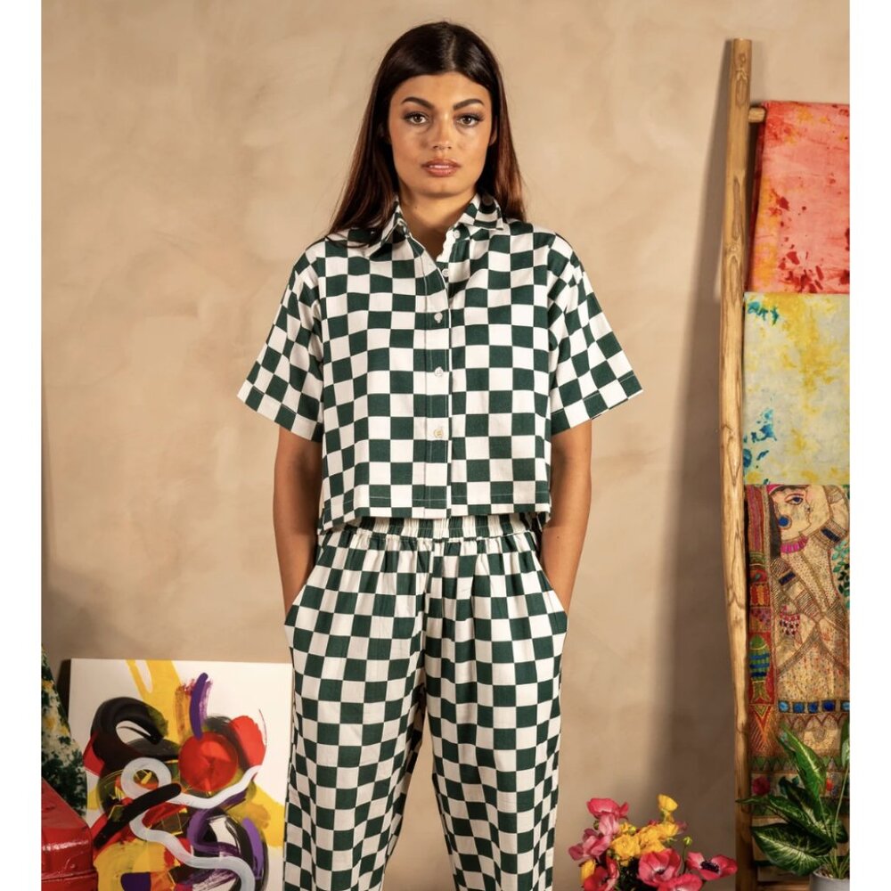 DUSHYANT Hand Printed 'The Cami' Crop Shirt in Green & White Chessboard Mod XS
